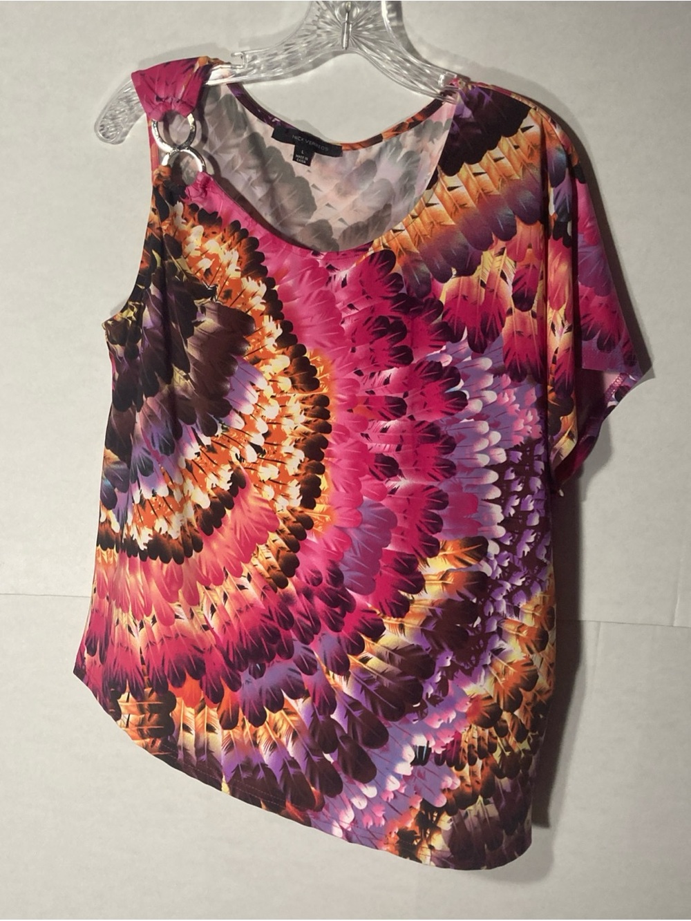 NV NICK VERREOS multicolor artsy feather print one sleeve stretchy top L